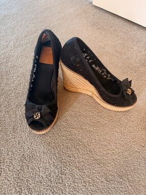 Tory Burch Black Lace Espadrille Wedge with Gold Logo